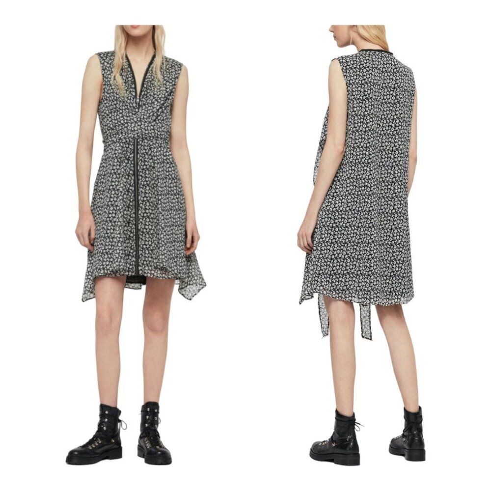 All Saints Jayda Scatter Print Dress XS Black White Sleeveless Zip A-Line, New